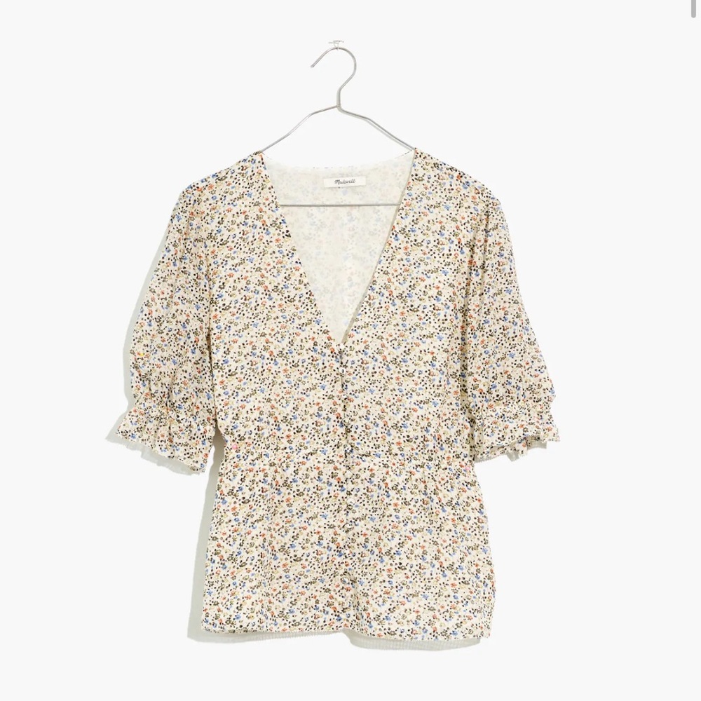 Silk V-Neck Peplum Popover Top in Fieldwalk Floral